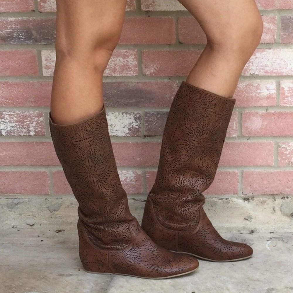 Sundance Brown Leather Laser-Cut Perforated Slouchy Boots